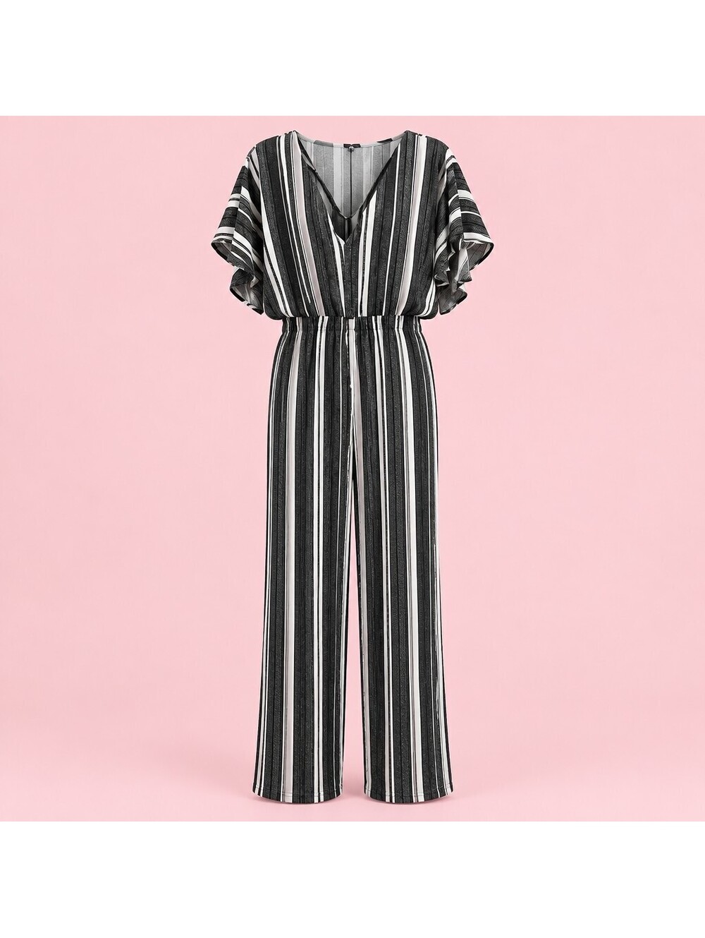 Striped Jumpsuit Wide Leg Flutter Sleeve V-Neck Boho Resort Casual Chic XL 4034